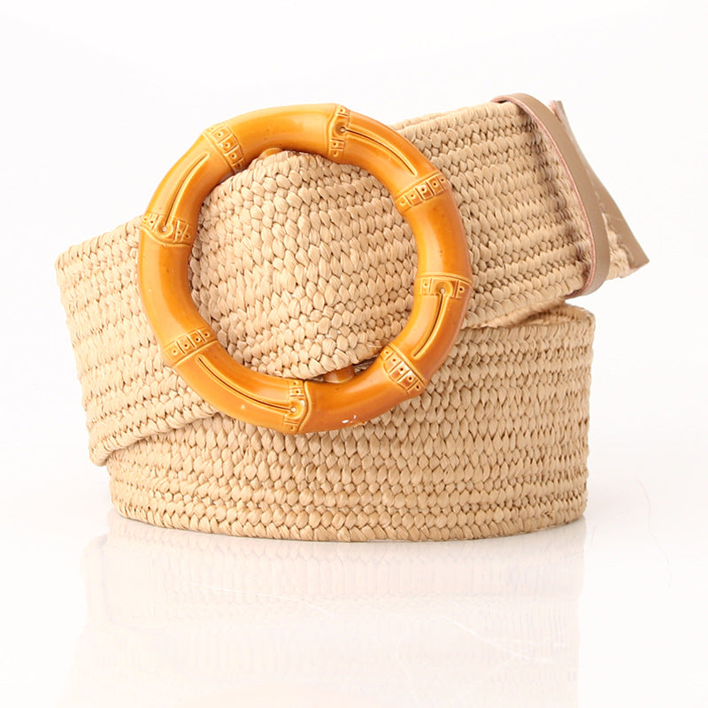 Women's imitation straw woven wide, simple and versatile round buckle belt Mori women's cotton and linen stretch woven elastic dress decorative belt