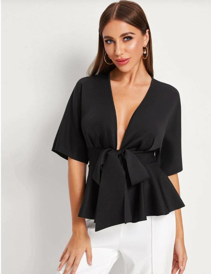 VivaCharm - Ruffled V-Neck Belted Shirt