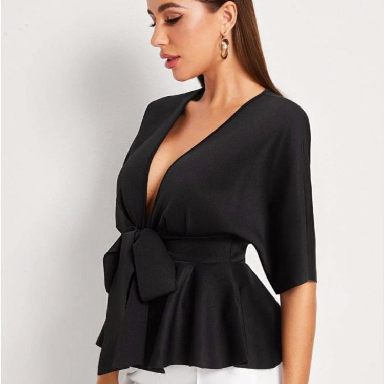 VivaCharm - Ruffled V-Neck Belted Shirt