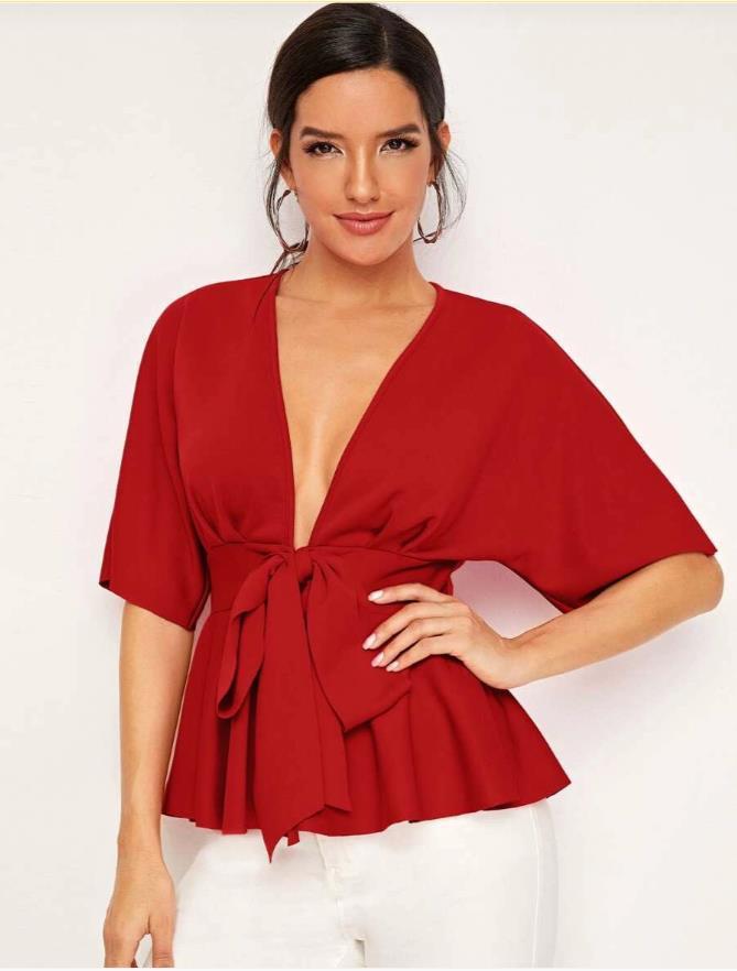 VivaCharm - Ruffled V-Neck Belted Shirt