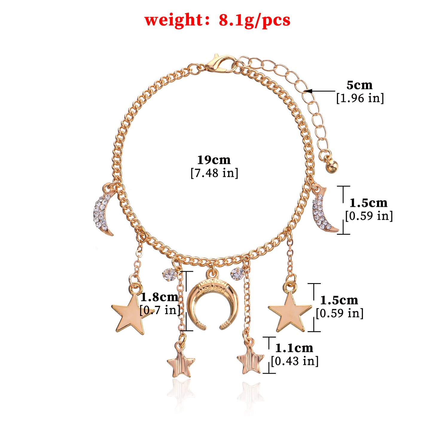 European and American cross-border jewelry Exaggerated hip-hop trendy full diamond crescent bracelet Women's personality niche pentagram bracelet