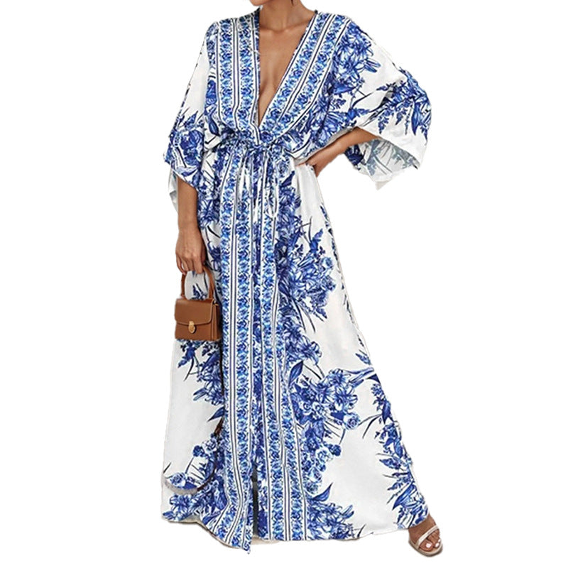 AliExpress 2025 spring cross-border new European and American clothing temperament sexy V-neck print strap-on big swing dress