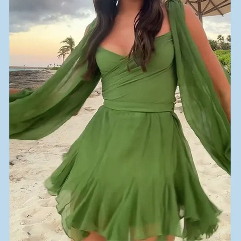 2026 spring new cross-border European and beautiful women's temperament women's V-neck solid color sexy and elegant pleated dress