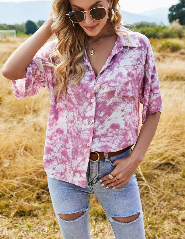 Cross-border Europe and the United States 2023 Amazon ebay Spring and Autumn New Loose Print Gradient Short Sleeve Shirt Top for Women