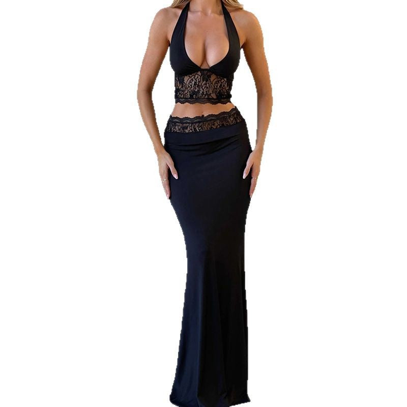 Cross-border spring and summer 2025 new sexy halterneck backless lace suspender high-waisted hip-hugging skirt fashion suit for women