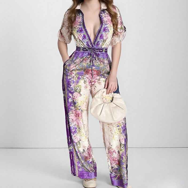 2025 new cross-border Amazon European and American fashion elegant style long short-sleeved printed jumpsuit