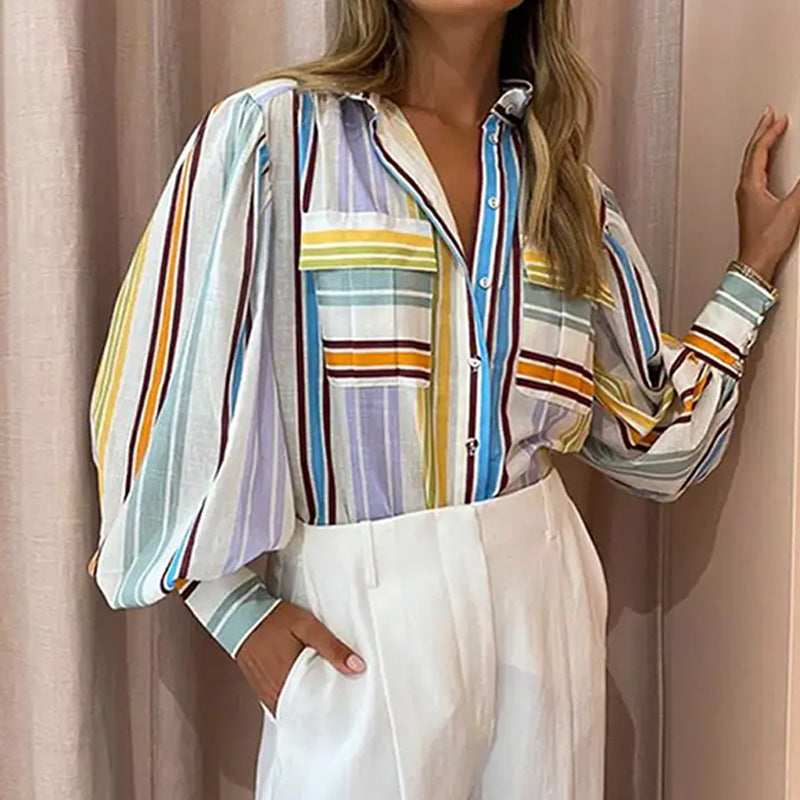 Camisa casual de manga comprida com estampado, elegante e moderna, com lapela, nova coleção primavera 2026, inspirada na moda europeia e nos estilos transfronteiriços.