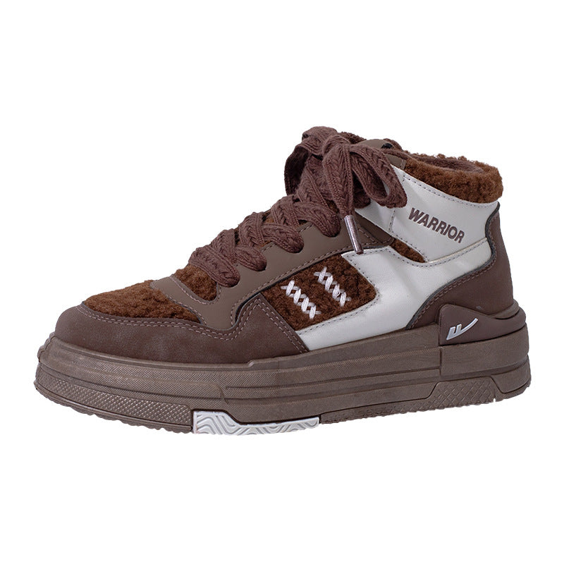 Pull-back color-blocking high-top platform shoes, American preppy style, high-value board shoes, women's leg-length design casual shoes