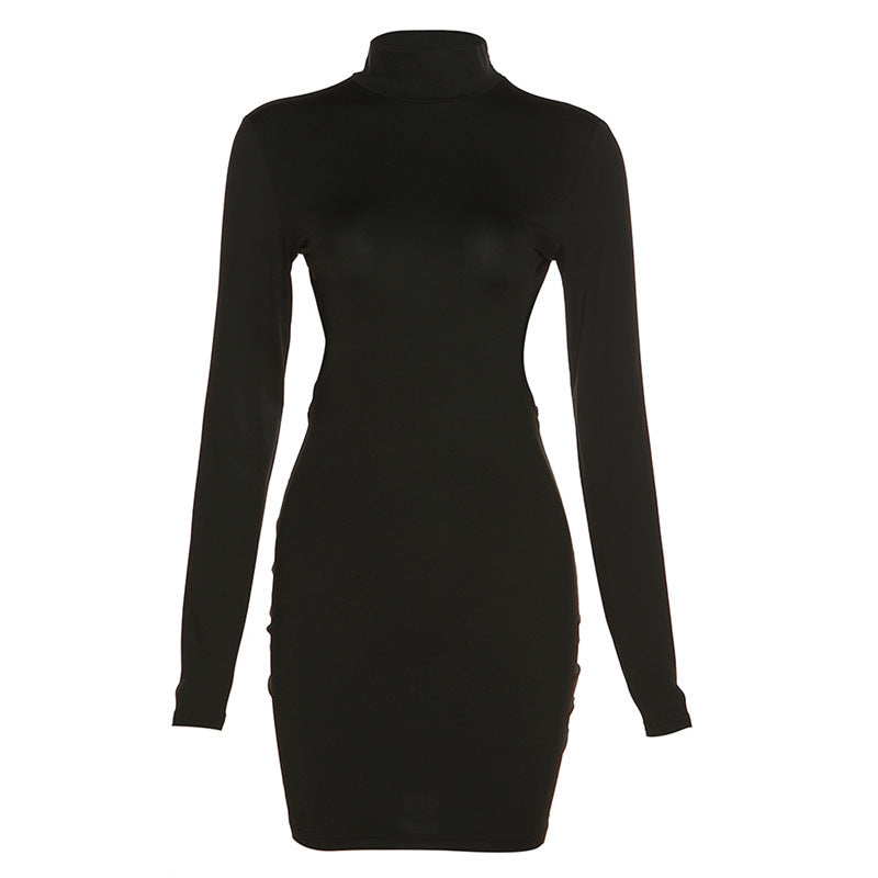 Cross-border foreign trade explosive European and American spring 2023 new women's semi-high neck, open back, long sleeves, slim and sexy dress