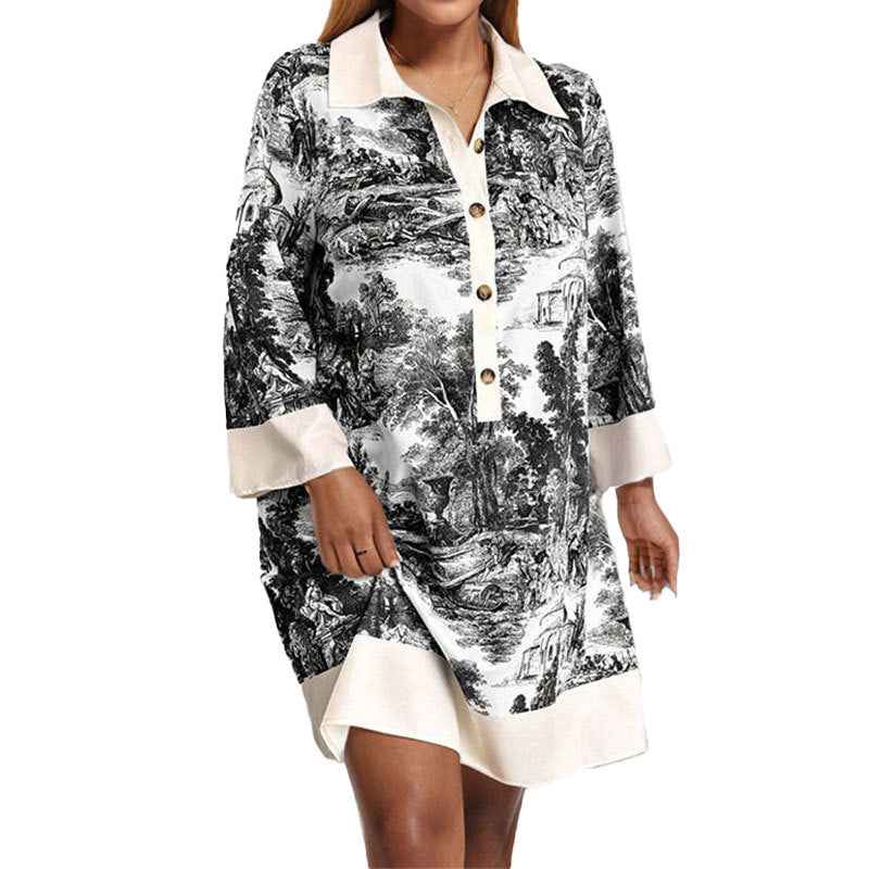 Cross-border, Europe and the United States, 2026 spring, new fashion temperament, printed national style ink, V-neck long-sleeved dress, short skirt for women