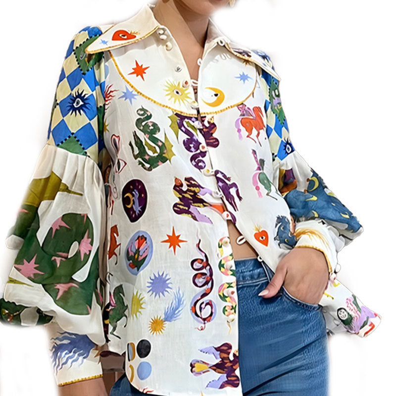 2026 spring new cross-border European and American fashion printed lapels single-breasted lantern sleeve shirt top women