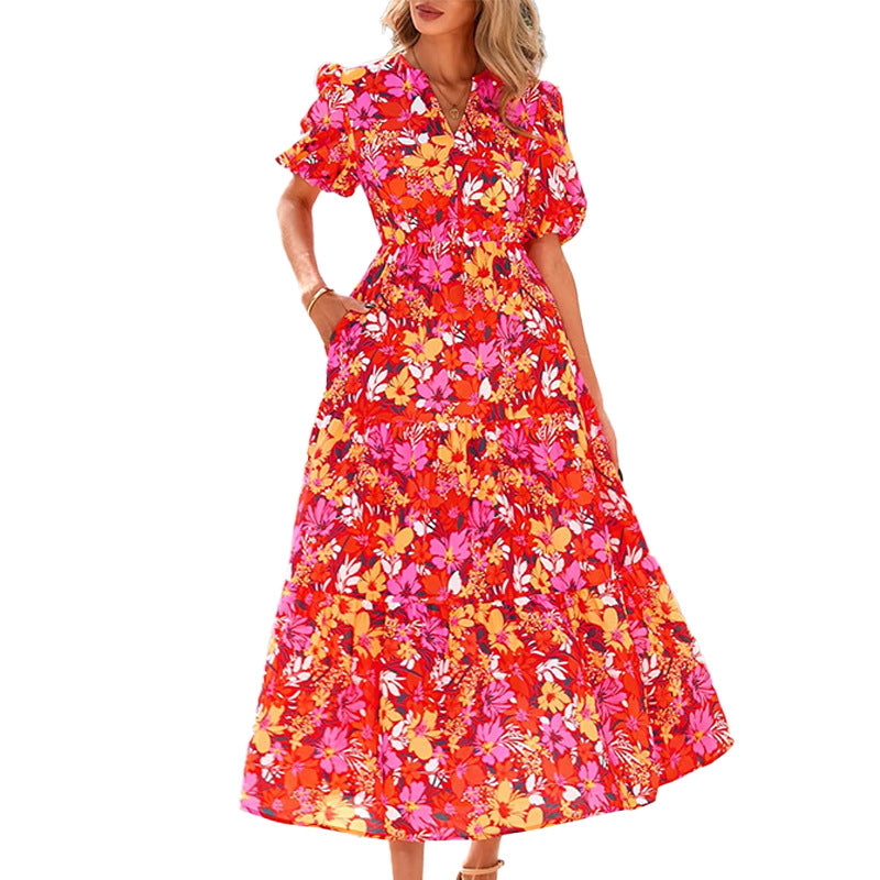 2025 summer new cross-border European and American fashion elegant and dignified atmospheric printed dress French maxi dress 661