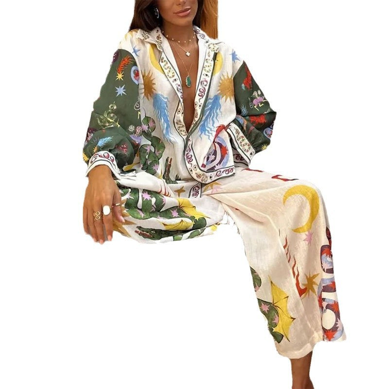 Cross-border European and American Clothing 2026 Suit New Casual Print V-Neck Shirt Wide-Leg Pants Women's Spring Suit Women's Spring Suit Women