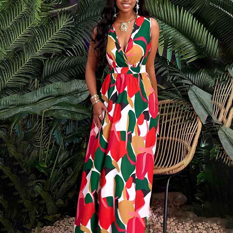2026 Amazon cross-border new European and American women's clothing temperament is elegant and fashionable, sexy printed sleeveless V-neck dress