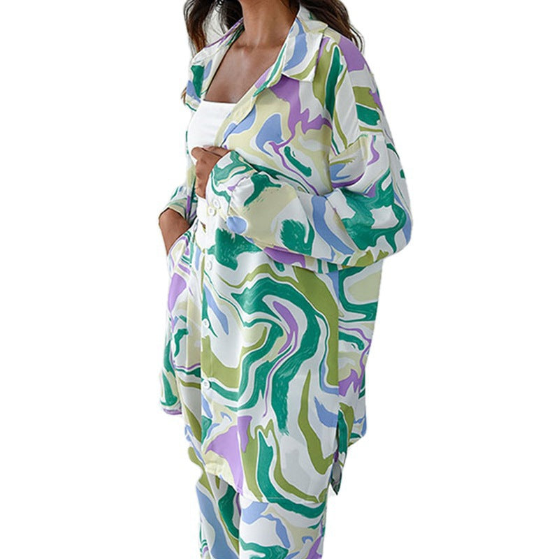 2026 Spring New European and American Cross-border Women's Clothing Temperament Printed Long Sleeve Shirt Loose Straight Pants Fashion Suit