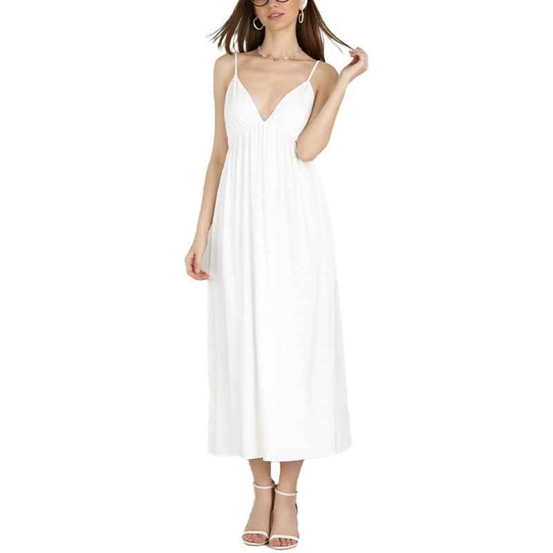 Spring new European and American cross-border women's temperament, sexy backless sleeveless solid color V-neck sundress, large swing dress