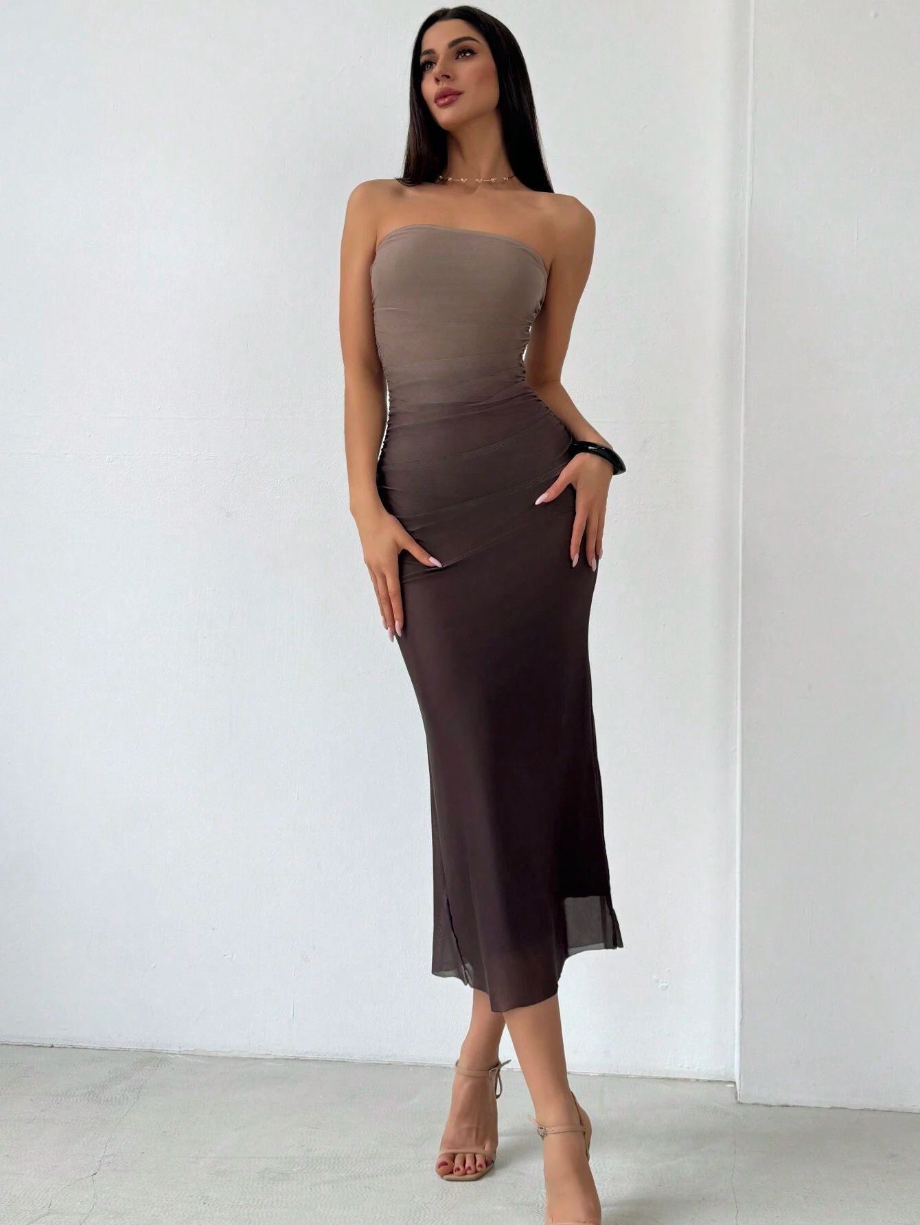 Spot cross-border 2024 European and American Amazon mesh gradient ruffles sexy skinny slit strap bandeau long skirt