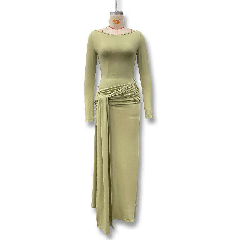 Cross-border European and American women's autumn and winter new solid color crew neck long sleeve sexy waist twisted strap hip wrap dress for women