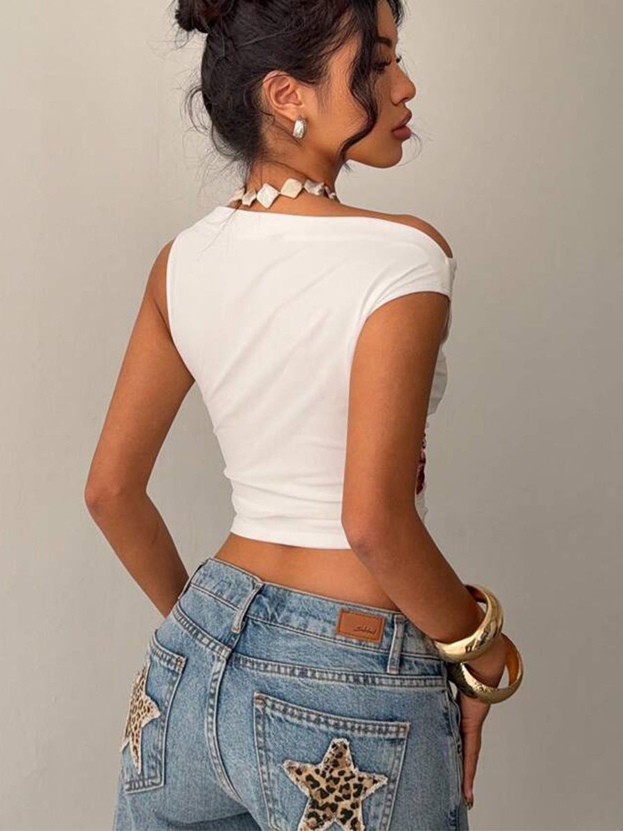 2025 Summer Women’s Sexy Off-Shoulder Sleeveless Slim Fit Crop Top T-Shirt for US & Europe Cross-Border Trade Amazon Sale