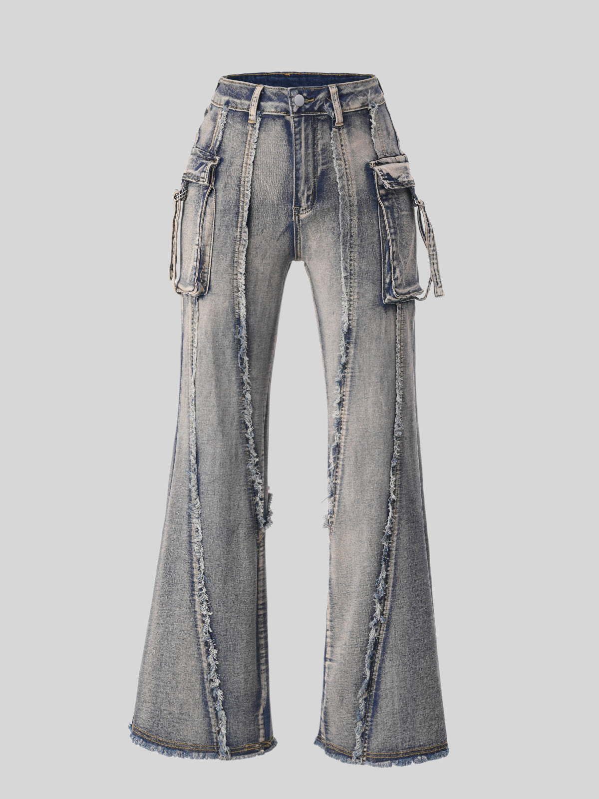 Street Trend Brand Wasteland Style Workwear Jeans, 3D Pocket Frayed Slightly Flared Wide-Leg Pants Women Jeans