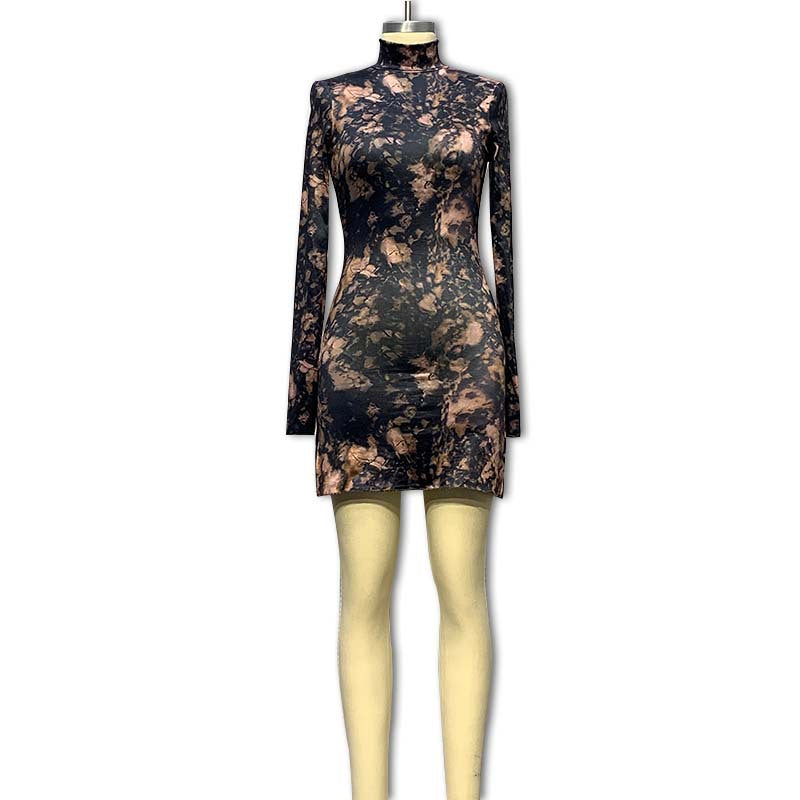 Foreign Trade Europe and America 2023 New Autumn Long Sleeve Dress Women's Semi-High Neck Print Sexy Slim Slit Hip Skirt