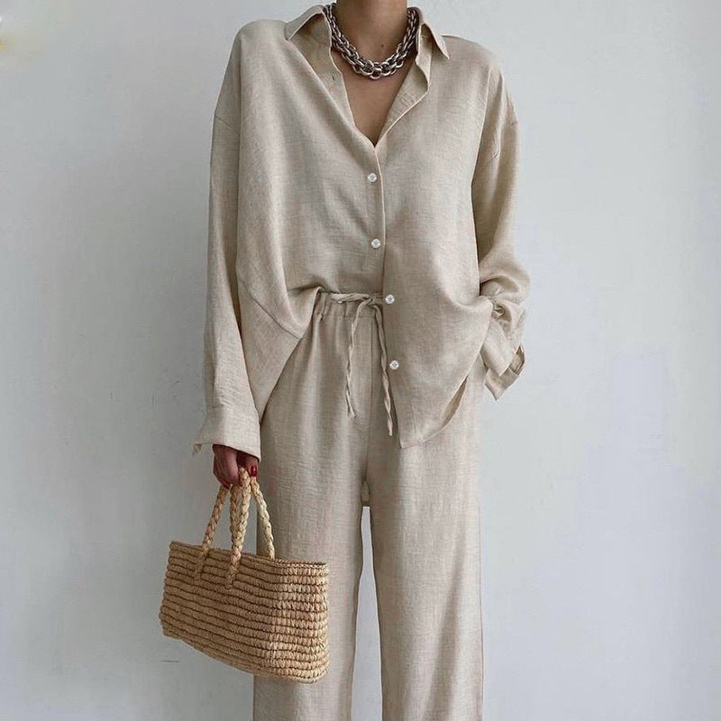 Amazon's spring 2025 European and American cross-border new temperament loose wide-leg pants shirt fashion casual suit 661