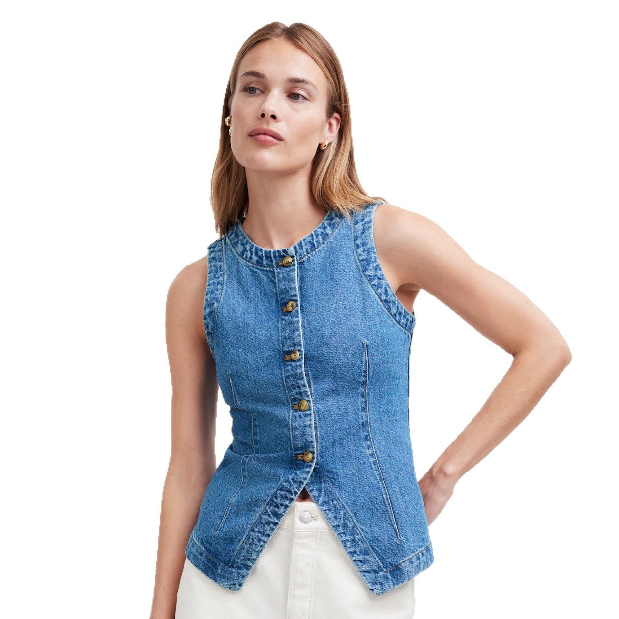 2025 summer new European and American cross-border foreign trade sleeveless slim slim denim vest women's crew neck shoulder vest