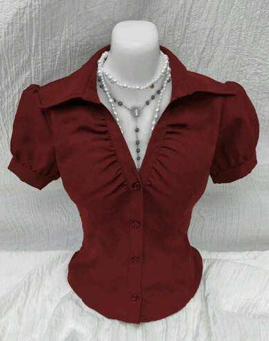 Europe and the United States 2025 Amazon wish cross-border new fashion V-neck pleated open-breasted women's slim short-sleeved shirt