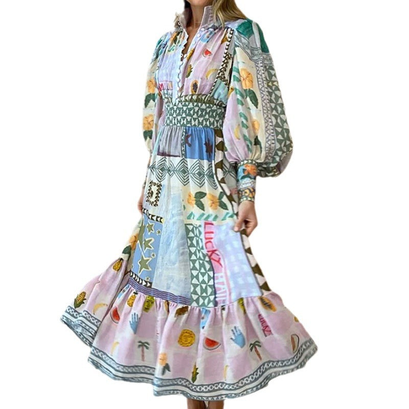 Spring 2026 European and American foreign trade women's temperament commuter painted printed lanterns long sleeves cinched waist large skirt dress