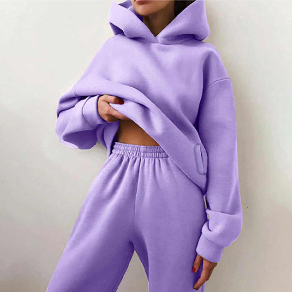 2026 New Cross-border European and American Fashion Casual Sports Style Solid Color Thickened Hooded Sweatshirt Fashion Suit Women