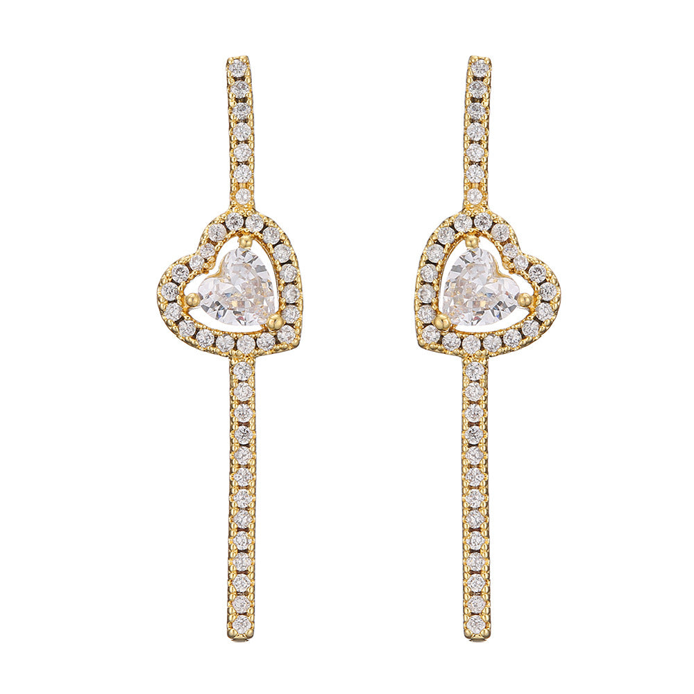 Cross-border best-selling heart-shaped stud earrings with a straight row of diamond zircon earrings, light luxury and high-end style earrings, simple commuting accessories