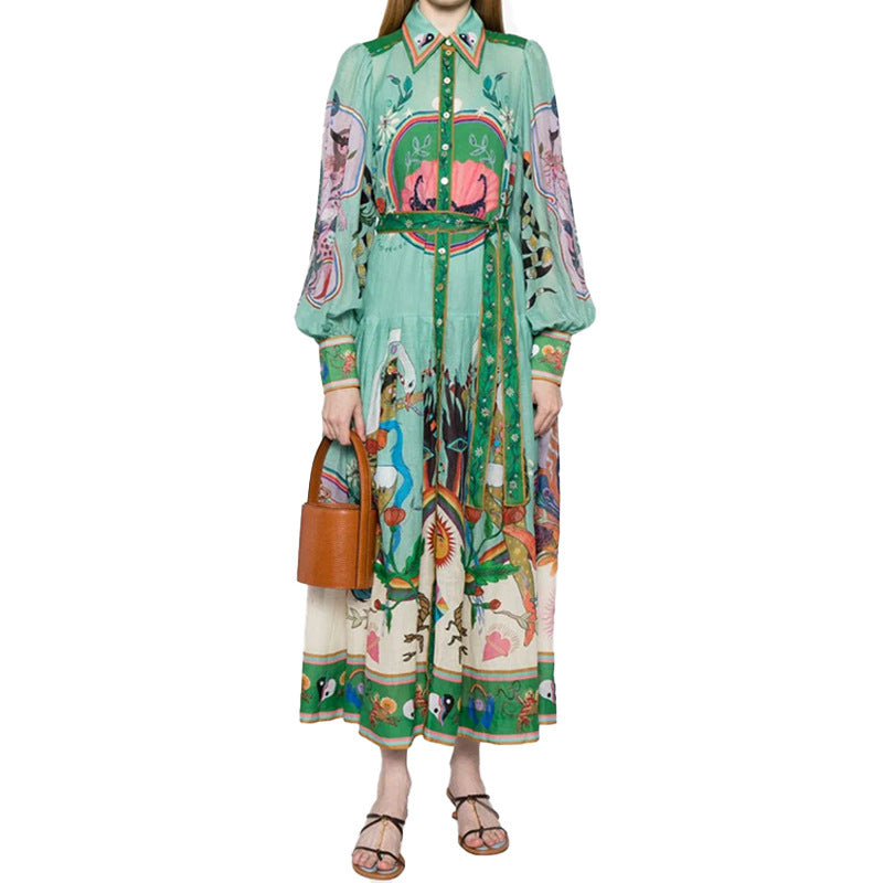 Spring 2026 new European and American cross-border women's lantern sleeve printed lapel cinched waist long sleeve big swing dress