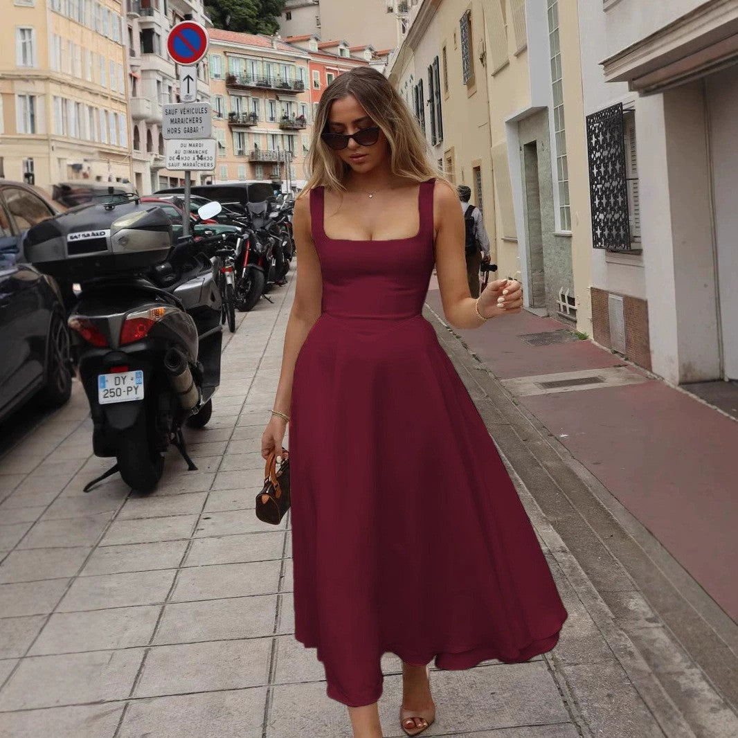 Foreign trade amazon 2025 summer new European and American women's temperament square neck sleeveless waist suspender dress women