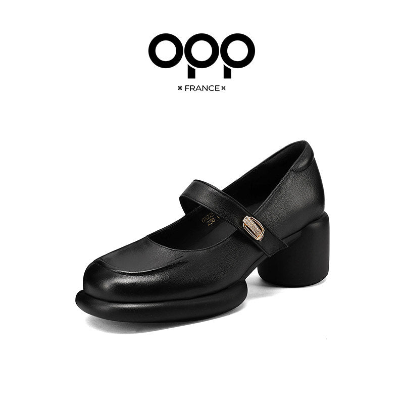 OPP Half Curved Single Shoe Women 2025 Autumn New Retro Hepburn-style Leather Shoes Sask-mouth French Mary Jane Shoes Women
