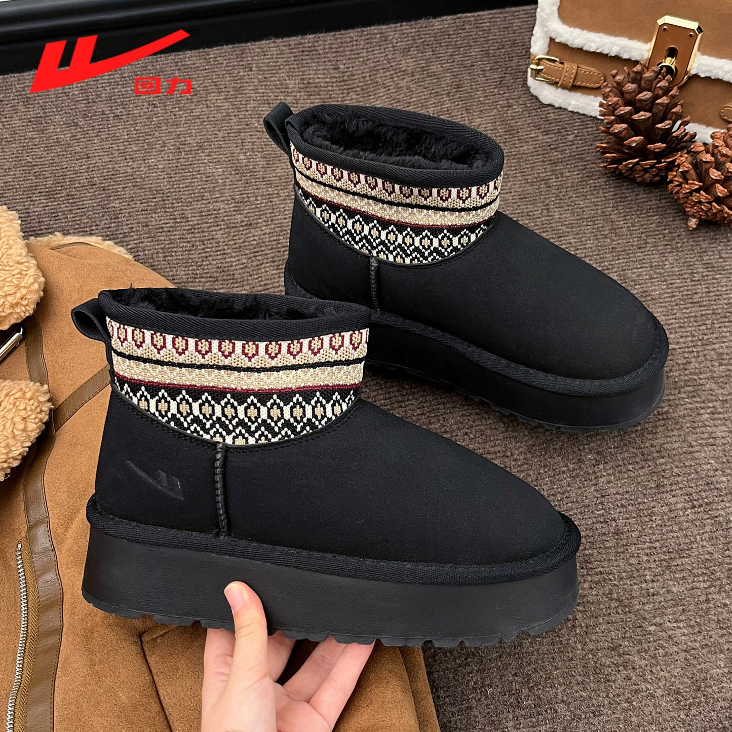 Warrior women's snow boots, 2025 new winter fleece-lined thickened warm cotton shoes, thick-soled fashionable cute board shoes