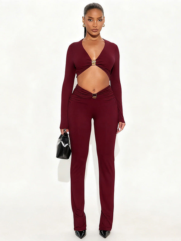 Foreign trade autumn and winter new European and beautiful women's clothing sexy V-neck crop navel long-sleeved top high-waisted skinny trousers two-piece set for women
