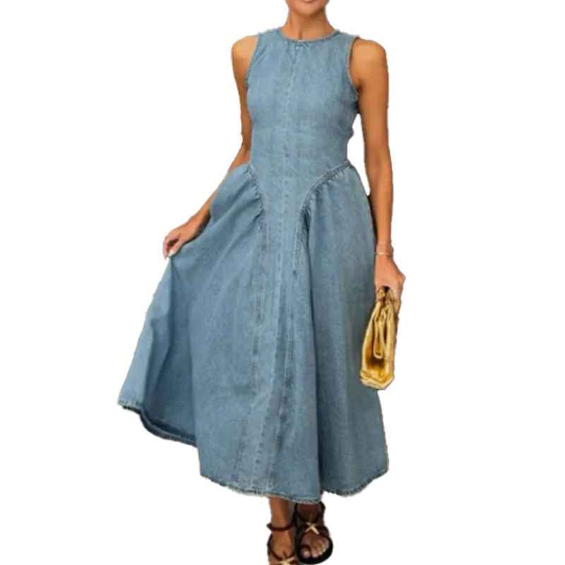 Spring 2026 New Cross-border Amazon Solid Color Fashion Crew Neck Midi Length Waist Sleeveless Vest Dress for Women