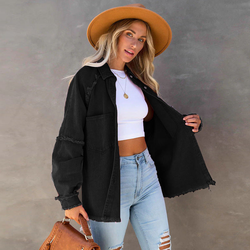 Factory Direct 2025 Fall Europe and America Long Sleeve Denim Jacket Women's Washed Raw Trim Midi Loose Jacket In Stock