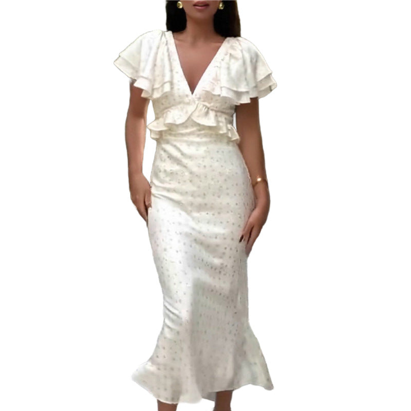 2025 summer new cross-border European and American fashion temperament elegant ruffled print V-neck slim waist dress