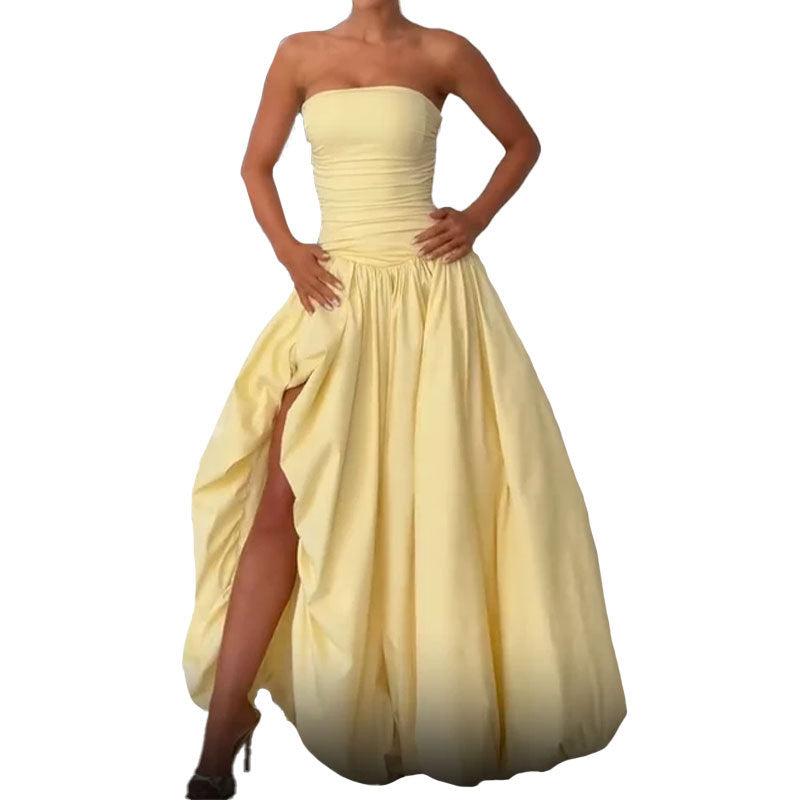 Amazon fashion new solid color temperament sexy waist slim slim pleated puffy skirt bandeau dress