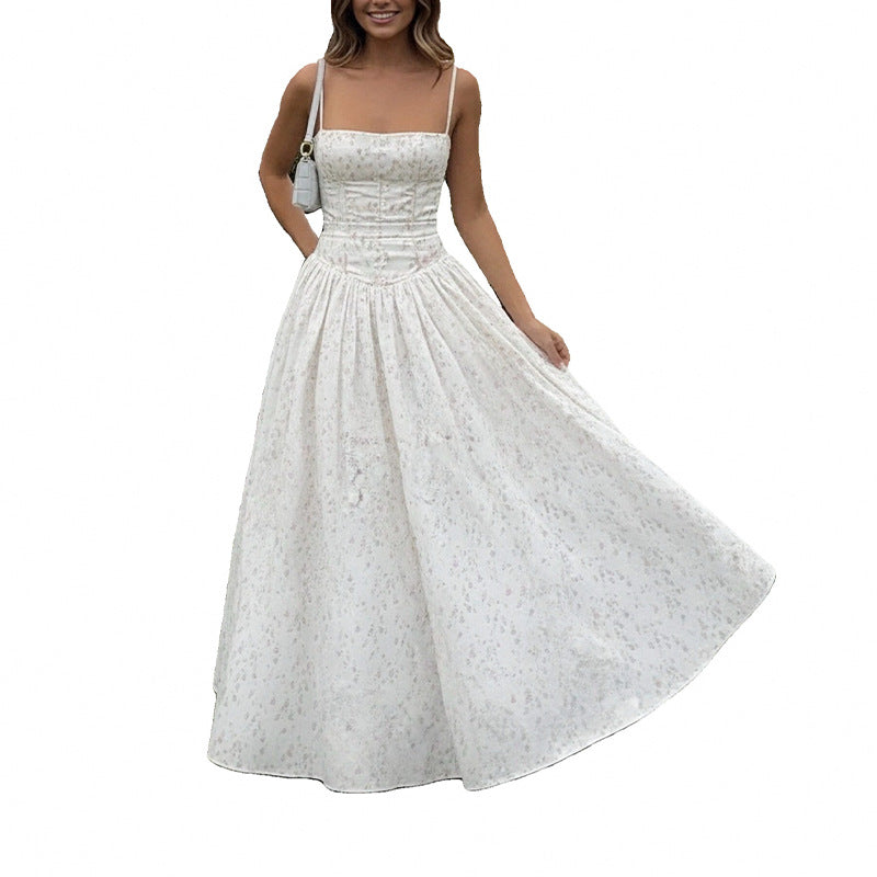 2025 Amazon cross-border European and beautiful women's clothing new temperament elegant fashion printed suspender waist swing dress