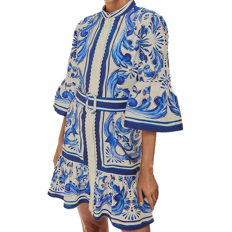 2026 spring/summer new European and American women's clothes crew neck flared sleeves single-breasted printed casual skirt European and American dresses for women