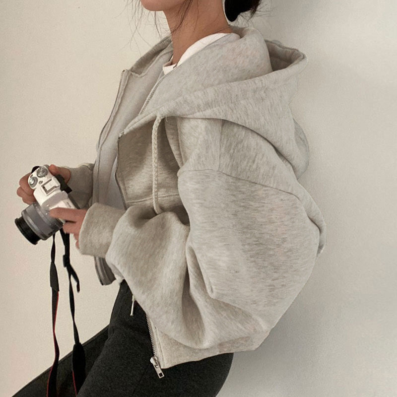 2025 new European and American jacket temperament elegant solid color lazy style hooded sports sweatshirt women's jacket 661