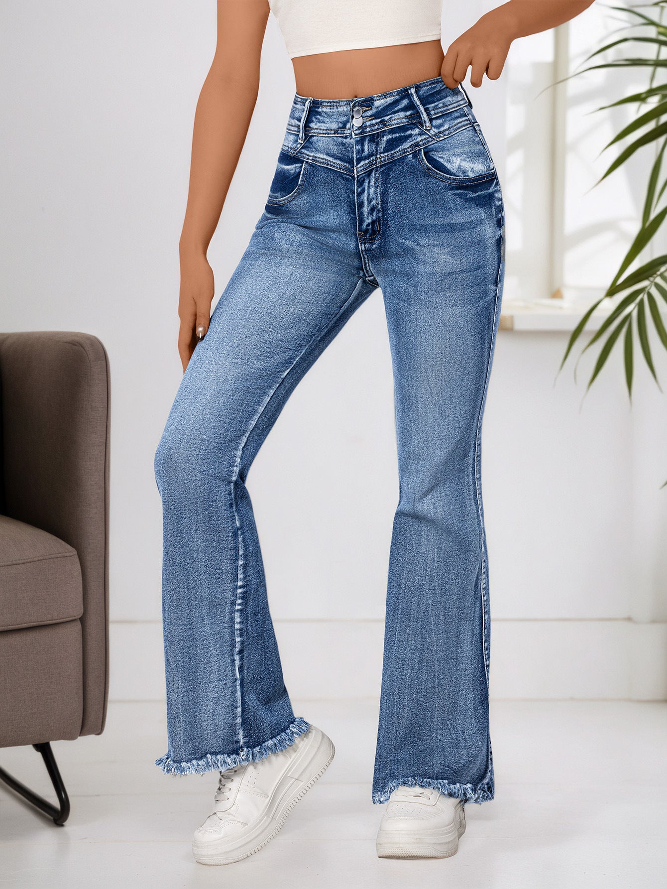 Cross-border, bootcut jeans women, elastic raw edge hip lifting high-waisted skinny wool horseshoe pants, double-breasted cotton