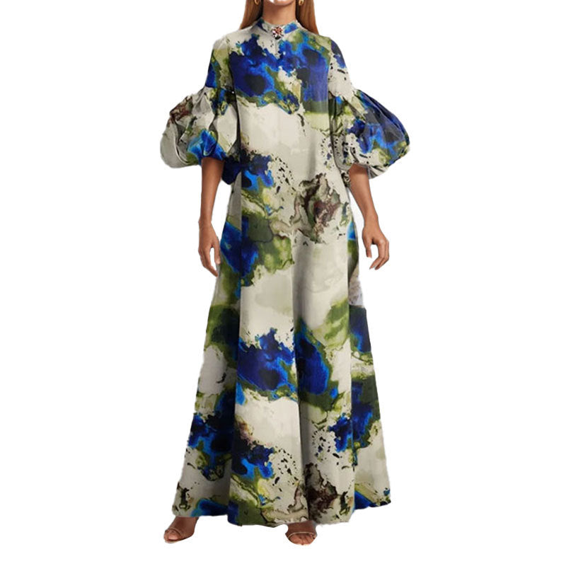 2026 New Foreign Trade European and American Clothing Temperament Loose Printed Painted Long Skirt Large Swing Puff Sleeve European and American Dress