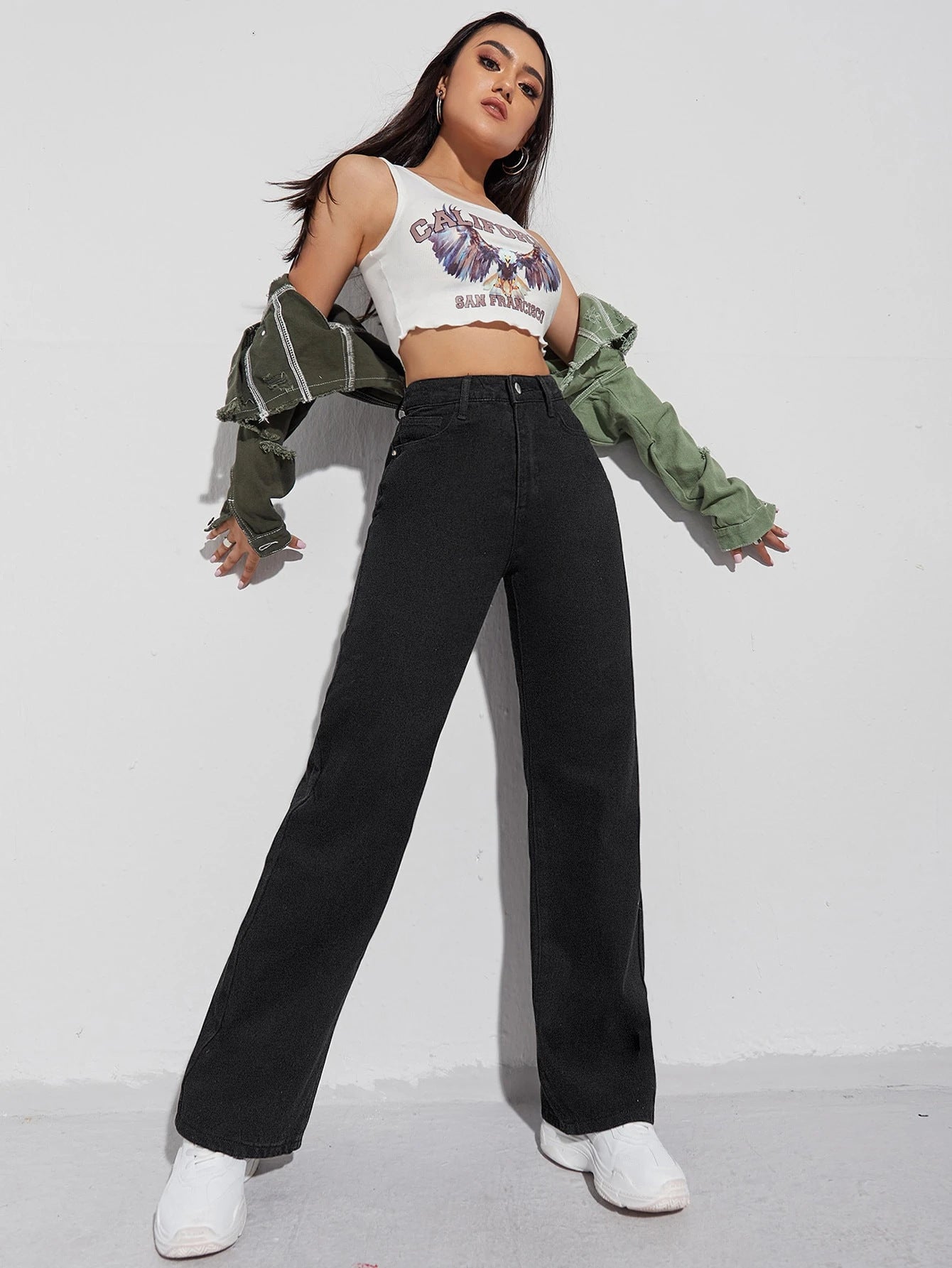 New mid-rise retro wide-leg jeans women's 2025 European and American cross-border Amazon straight-leg casual trousers JEANS