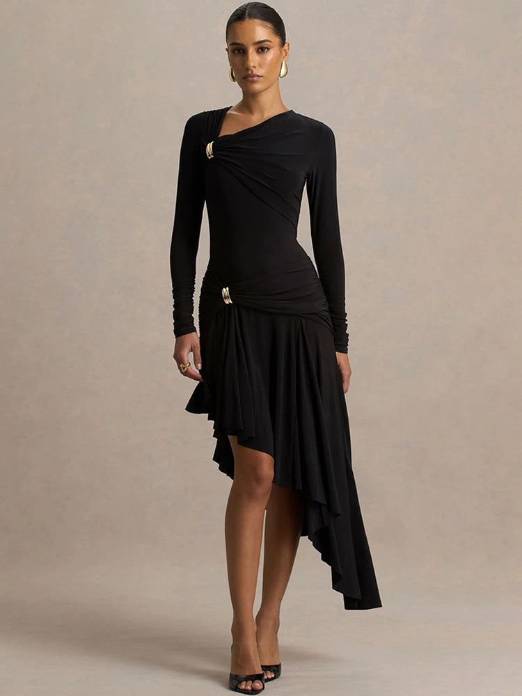 Vestido envelope de manga comprida para menina com pregas, corte direito e corte justo, estilo europeu e americano, para o outono. Novo modelo da moda europeia e americana.