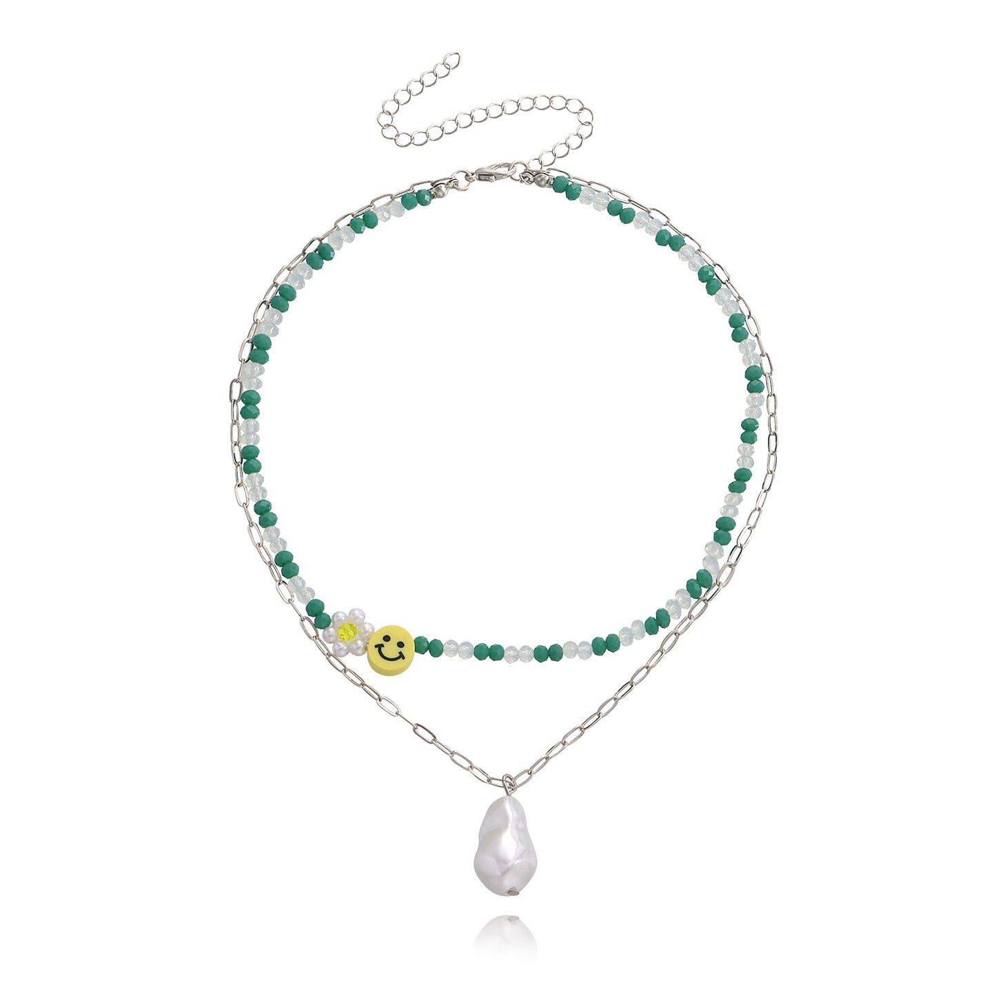 European and American cross-border jewelry, fashion double-layer crystal paper clip, smiley face, special-shaped pearl pendant necklace, female fairy style