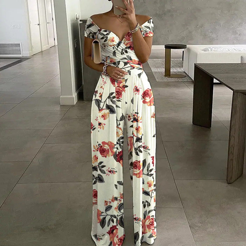 2026 New Amazon European and American Fashion Temperament Elegant Foreign Trade Commuter Print Wide-Leg Women's Jumpsuit