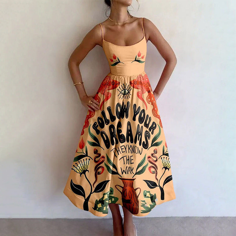 Amazon's new cross-border European and American fashion print pleated waist slip dress for spring 2026